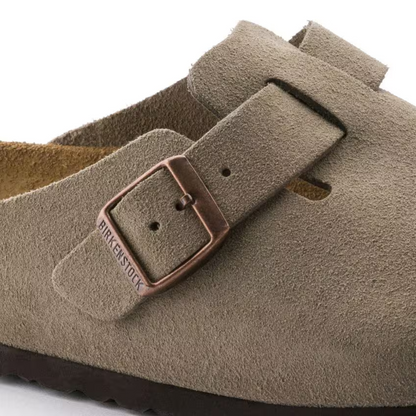 Birkenstock Boston Taupe Suede Clogs – Soft Footbed Leather Comfort Clogs
